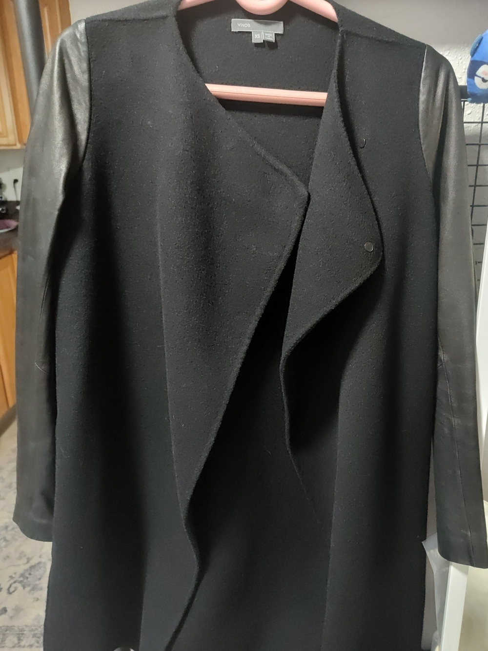VINCE Black Wool Blend Draped Coat with Leather Sleeves
